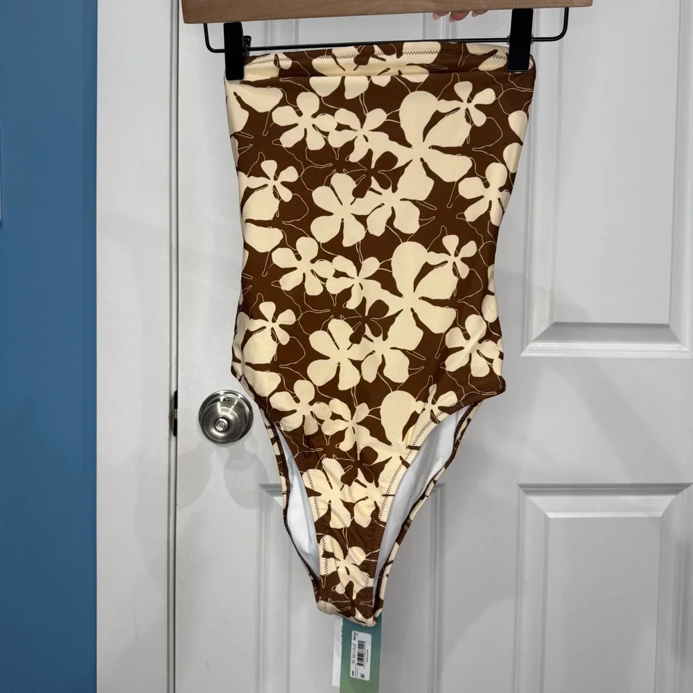 Altar'd State Brown Floral Strapless Bandeau Cutout One Piece Swimsuit Size M‎